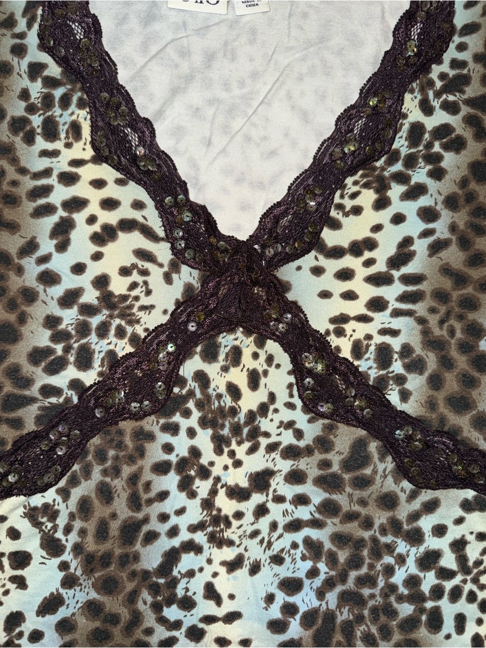 Cato Leopard Print V-Neck Lace Trim Top - Picture 2 of 5
